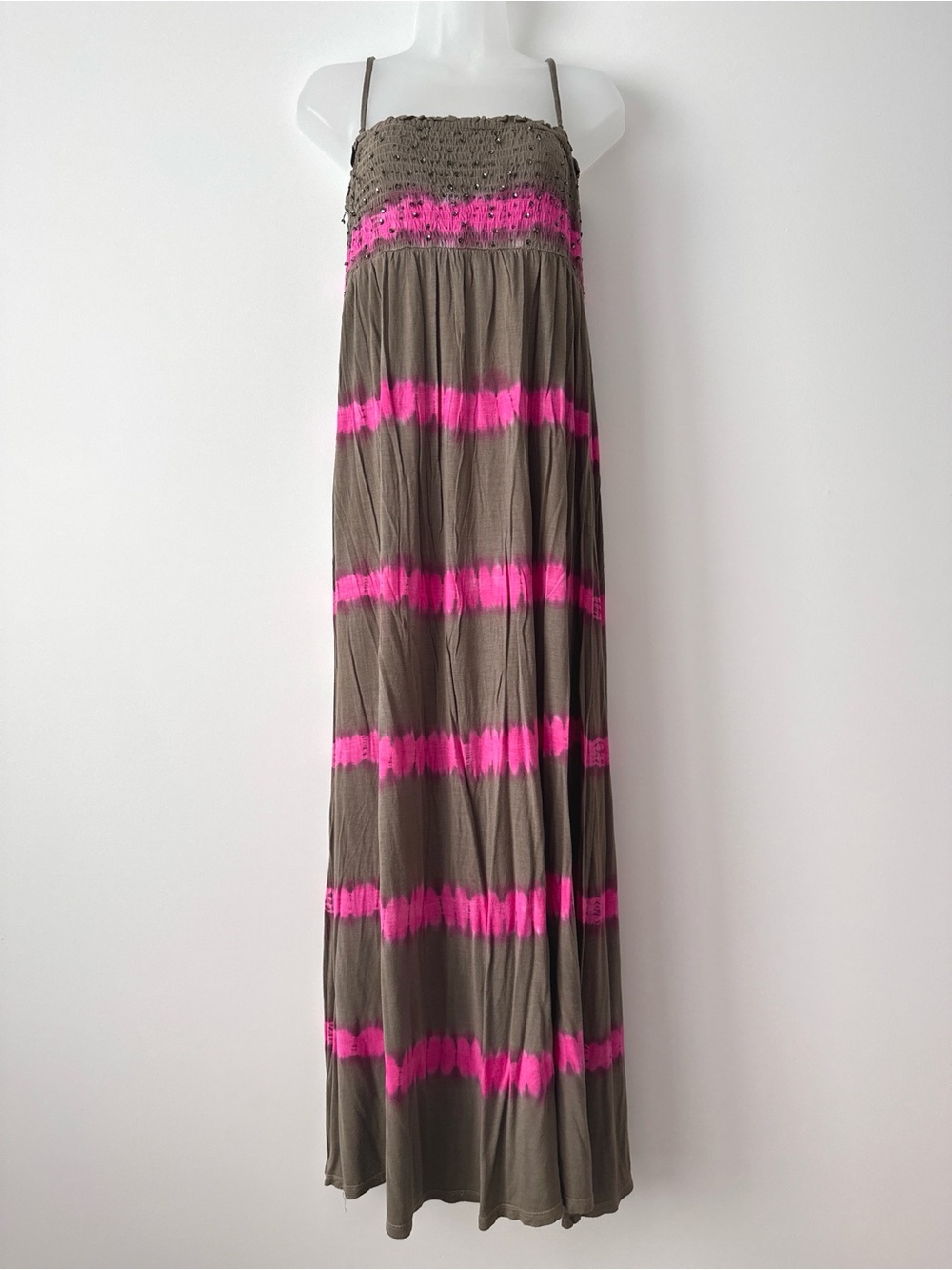 y2k boho grunge neon pink and khaki green beaded ruched maxi dress